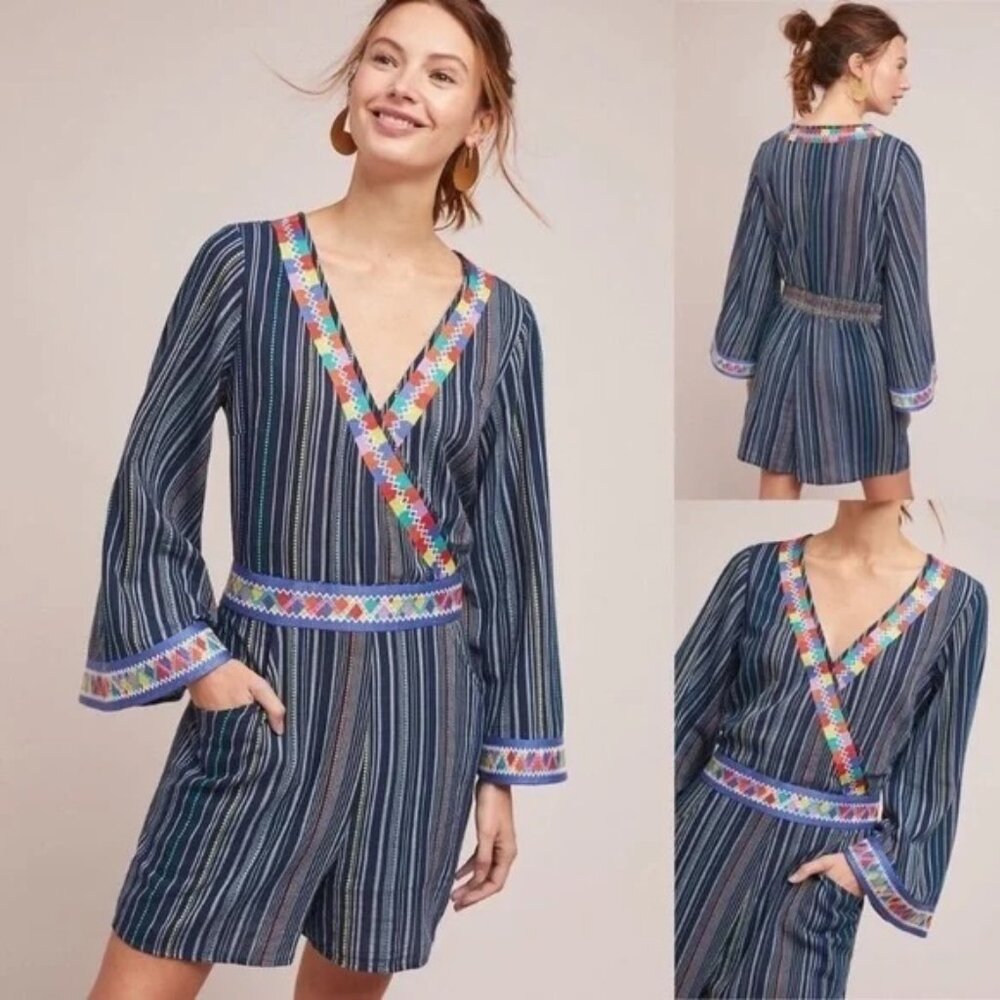 Anthropologie Nantucket Striped Romper by LAIA Blue Long Sleeve Embroidered M